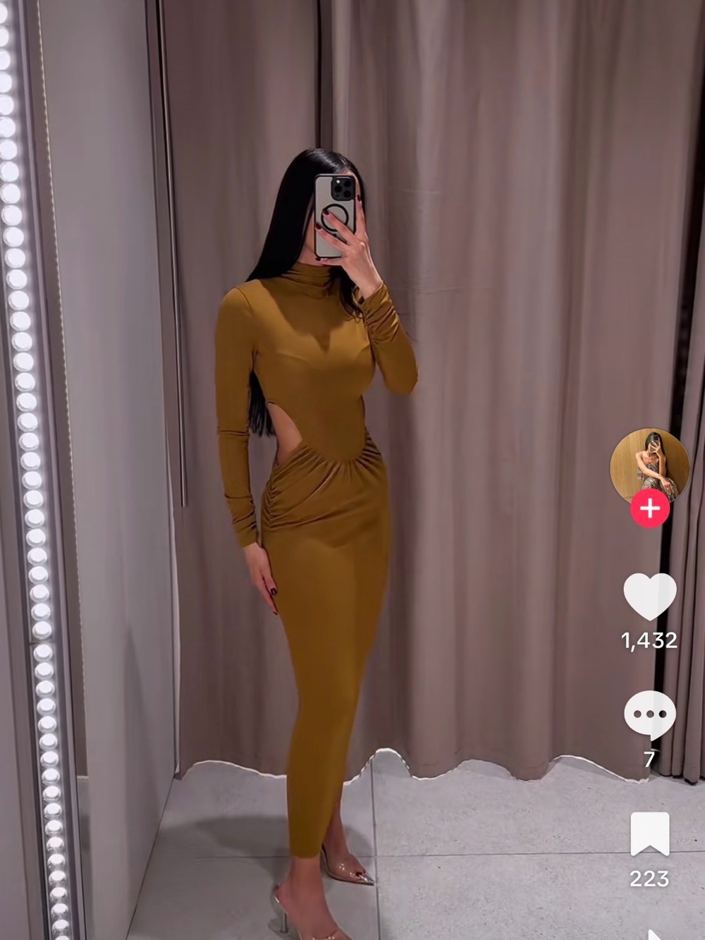Zara Olive Green Long-Sleeve Cutout Midi Dress - Picture 4 of 11